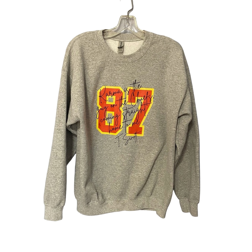Taylor Swift x Travis Kelce 87 Karma Graphic Sweatshirt Gray Crewneck Large